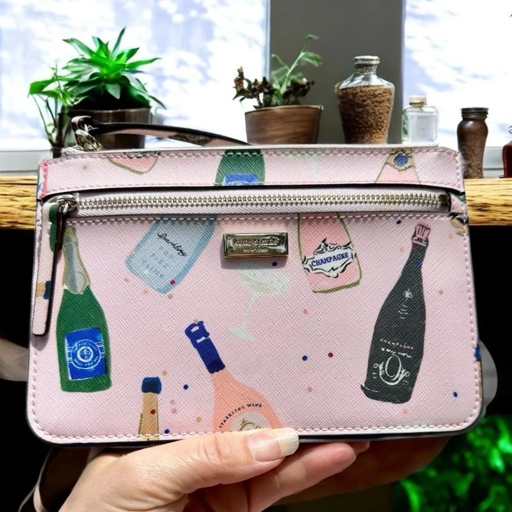 Kate Spade Pink Clutch with Whimsical Champagne Print Wristlet Bag